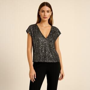 * A497 • Black Sequin V-Neck Cap Sleeve Party Top